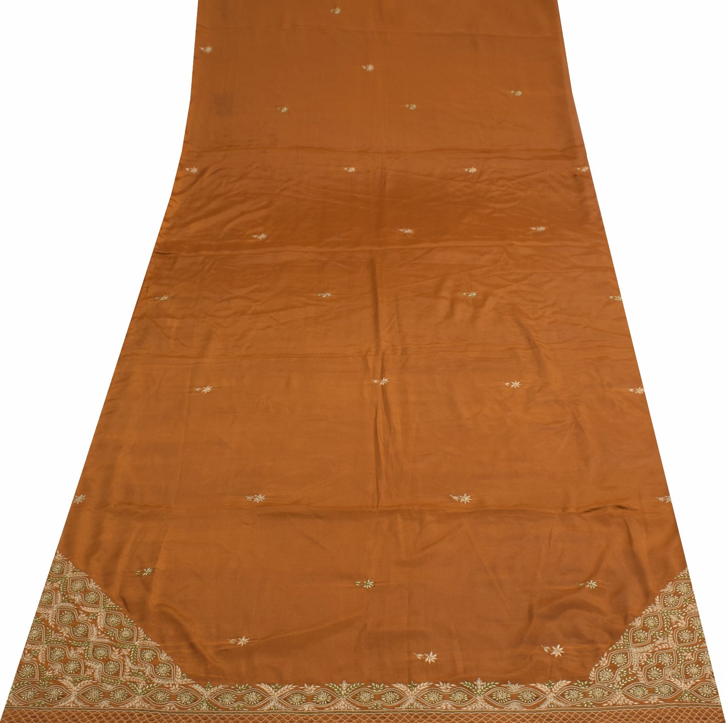 Sushila Vintage Brown Sari Remnant Scrap Hand Embroidered Art Crepe Craft Fabric