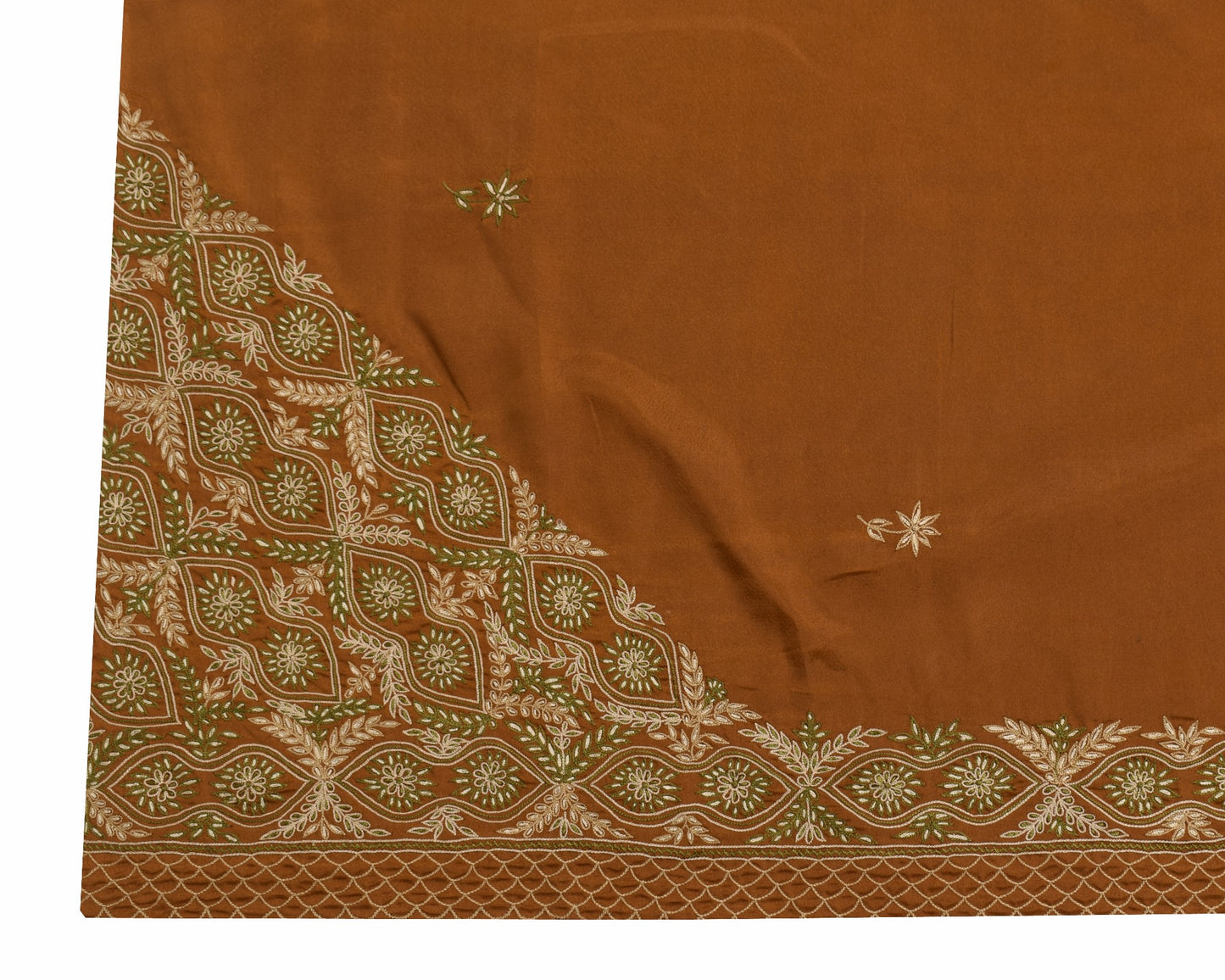 Sushila Vintage Brown Sari Remnant Scrap Hand Embroidered Art Crepe Craft Fabric