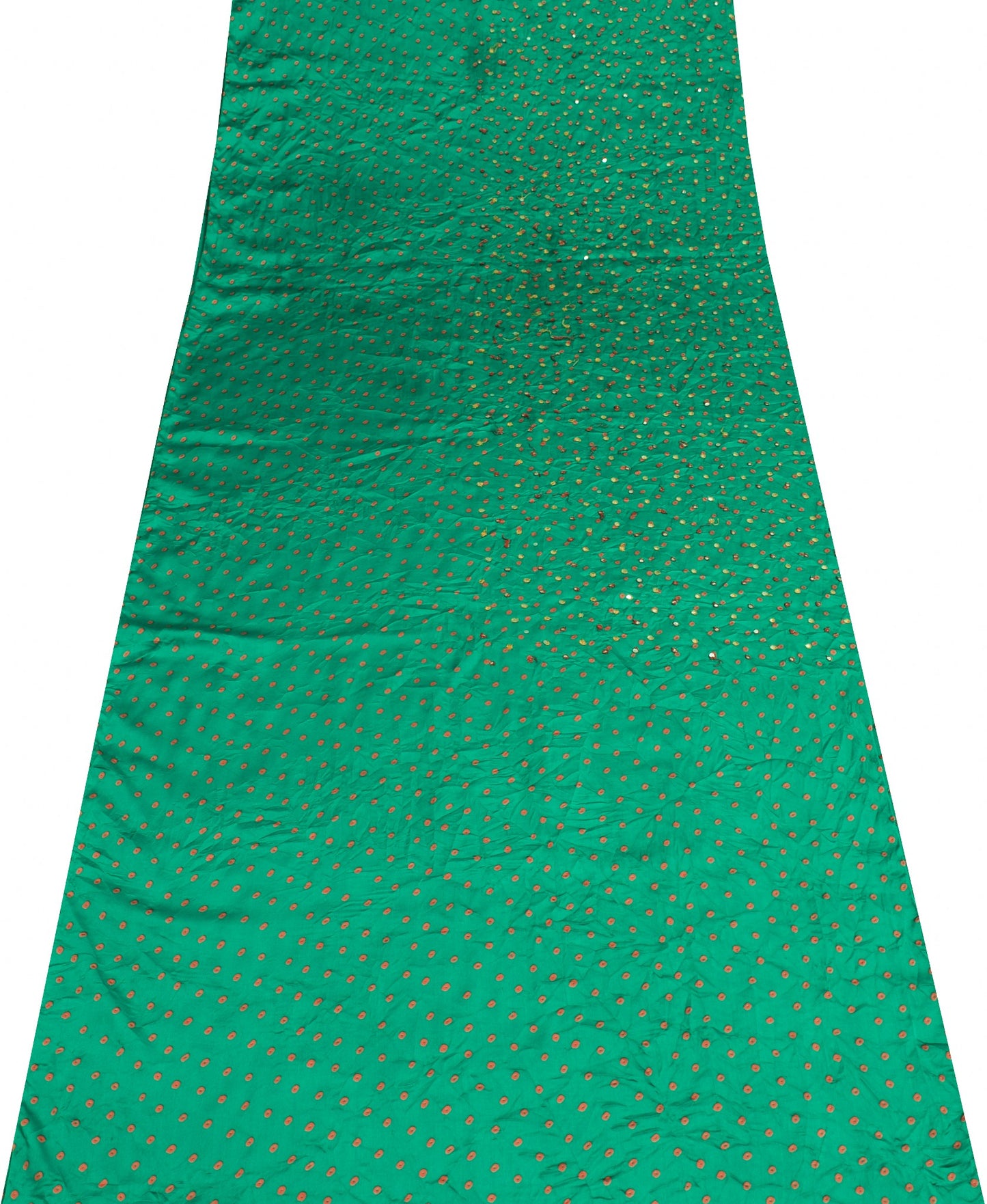 Sushila Vintage Green Satin Silk Sari Remnant Scrap Mirror Bandhani Craft Fabric