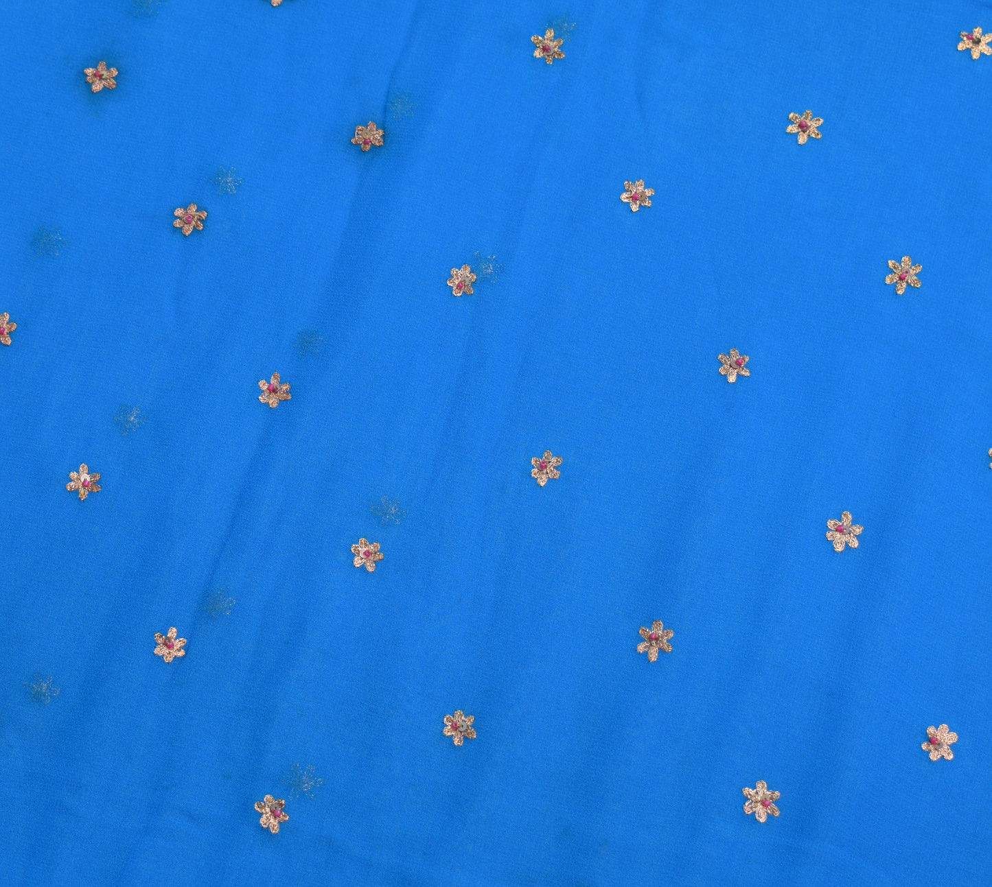 Sushila Vintage Blue Sari Remnant Scrap Embroidered Pure Georgette Craft Fabric