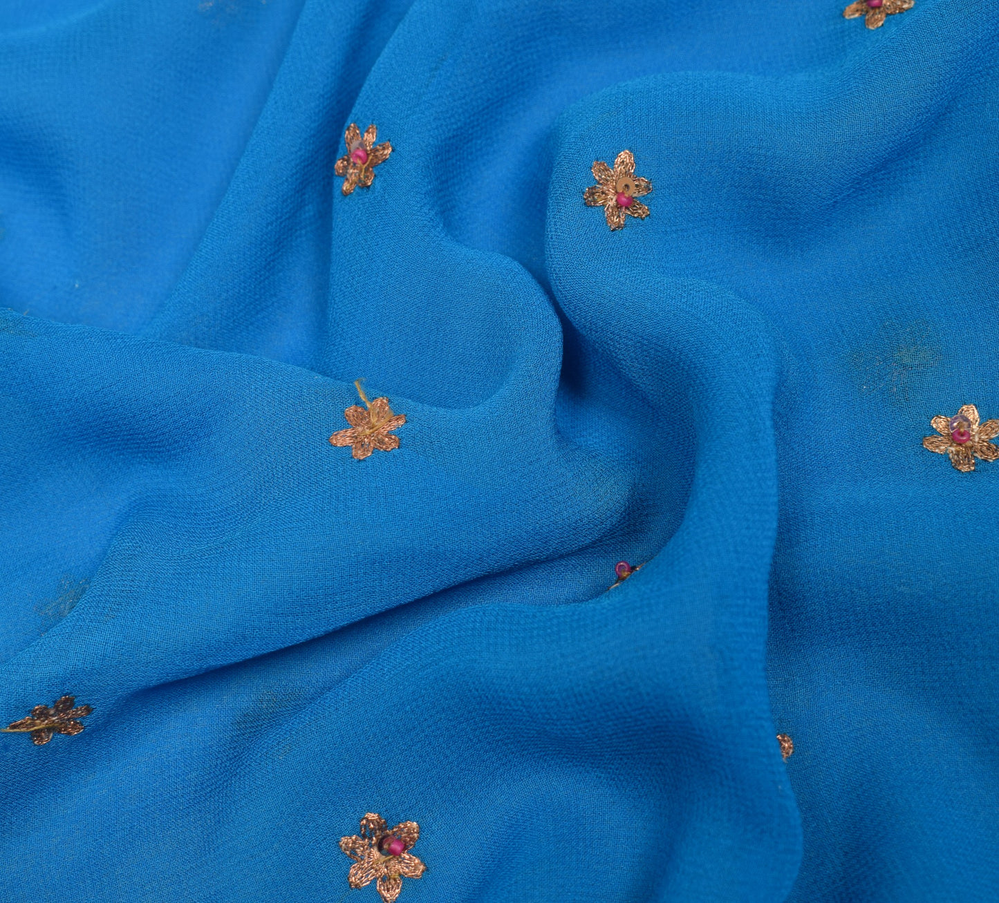 Sushila Vintage Blue Sari Remnant Scrap Embroidered Pure Georgette Craft Fabric