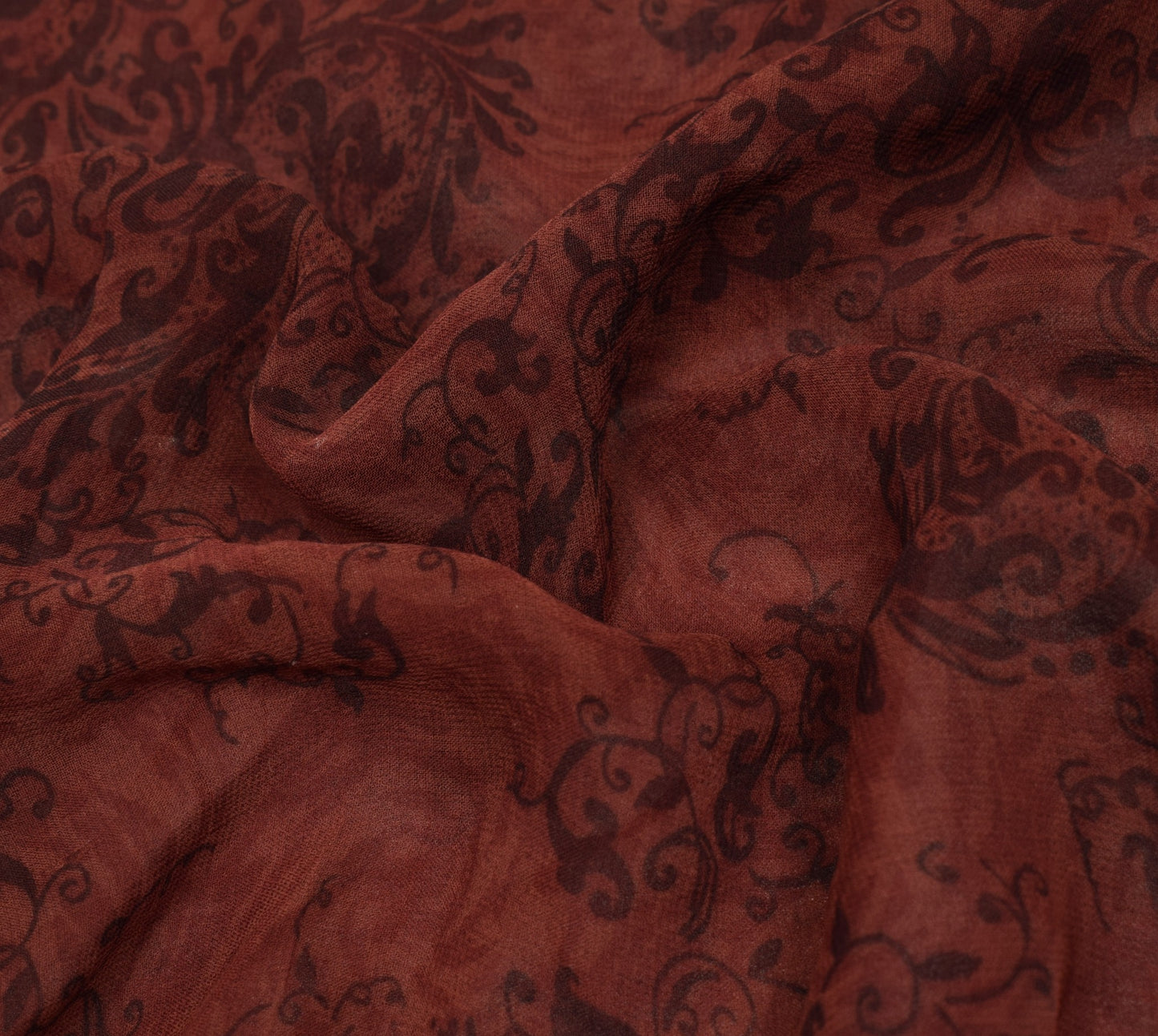 Sushila Vintage 100%Pure Georgette Sari Remnant Scrap Brown Printed Craft Fabric