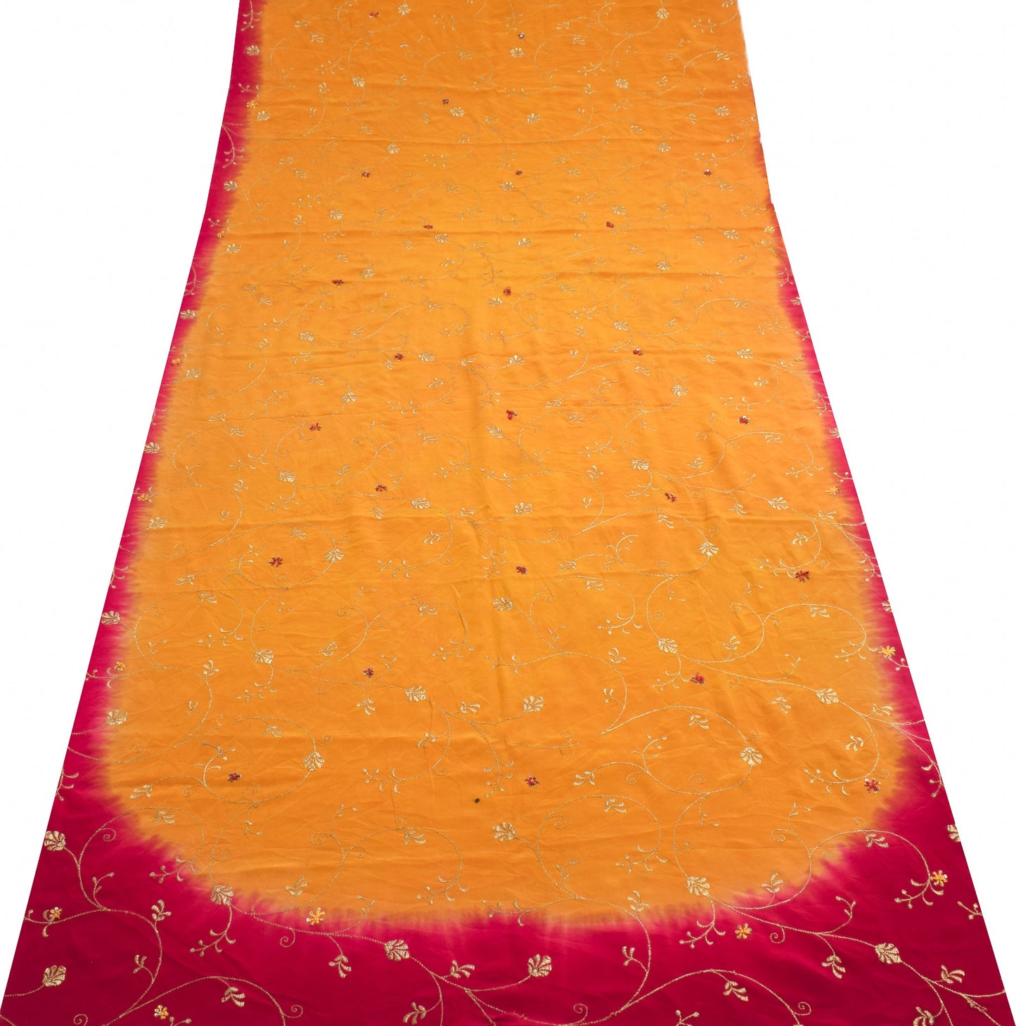 Sushila Vintage Mustard Embroidered Sari Remnant Scrap Pure Crepe Craft Fabric