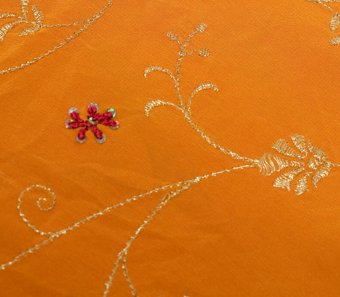 Sushila Vintage Mustard Embroidered Sari Remnant Scrap Pure Crepe Craft Fabric