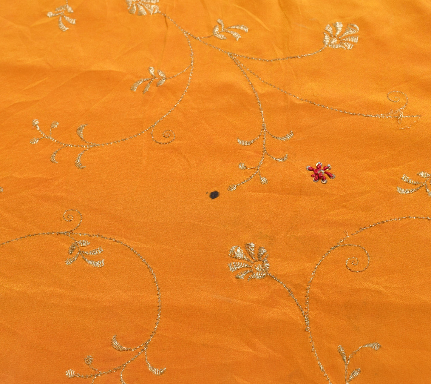 Sushila Vintage Mustard Embroidered Sari Remnant Scrap Pure Crepe Craft Fabric