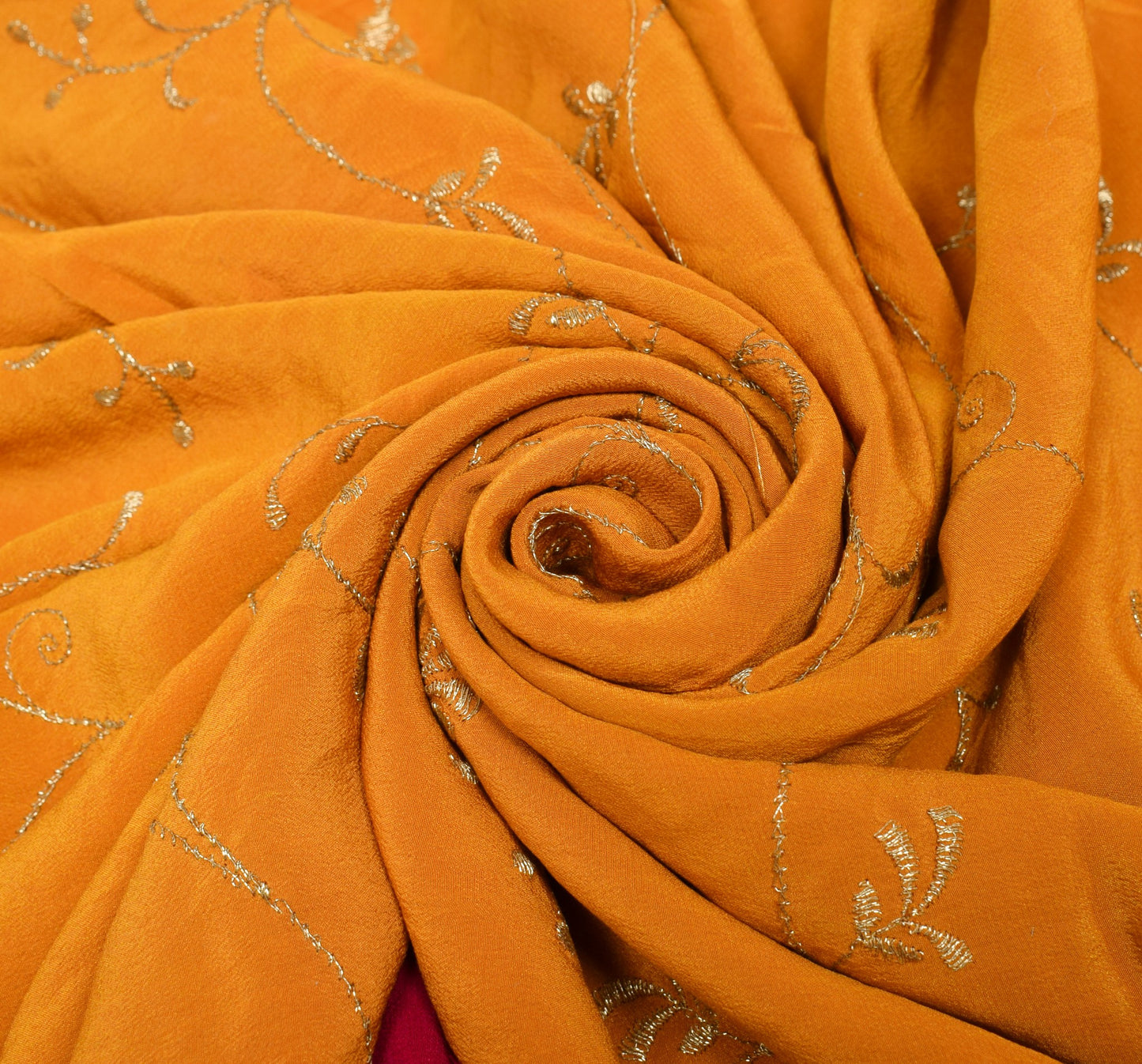 Sushila Vintage Mustard Embroidered Sari Remnant Scrap Pure Crepe Craft Fabric