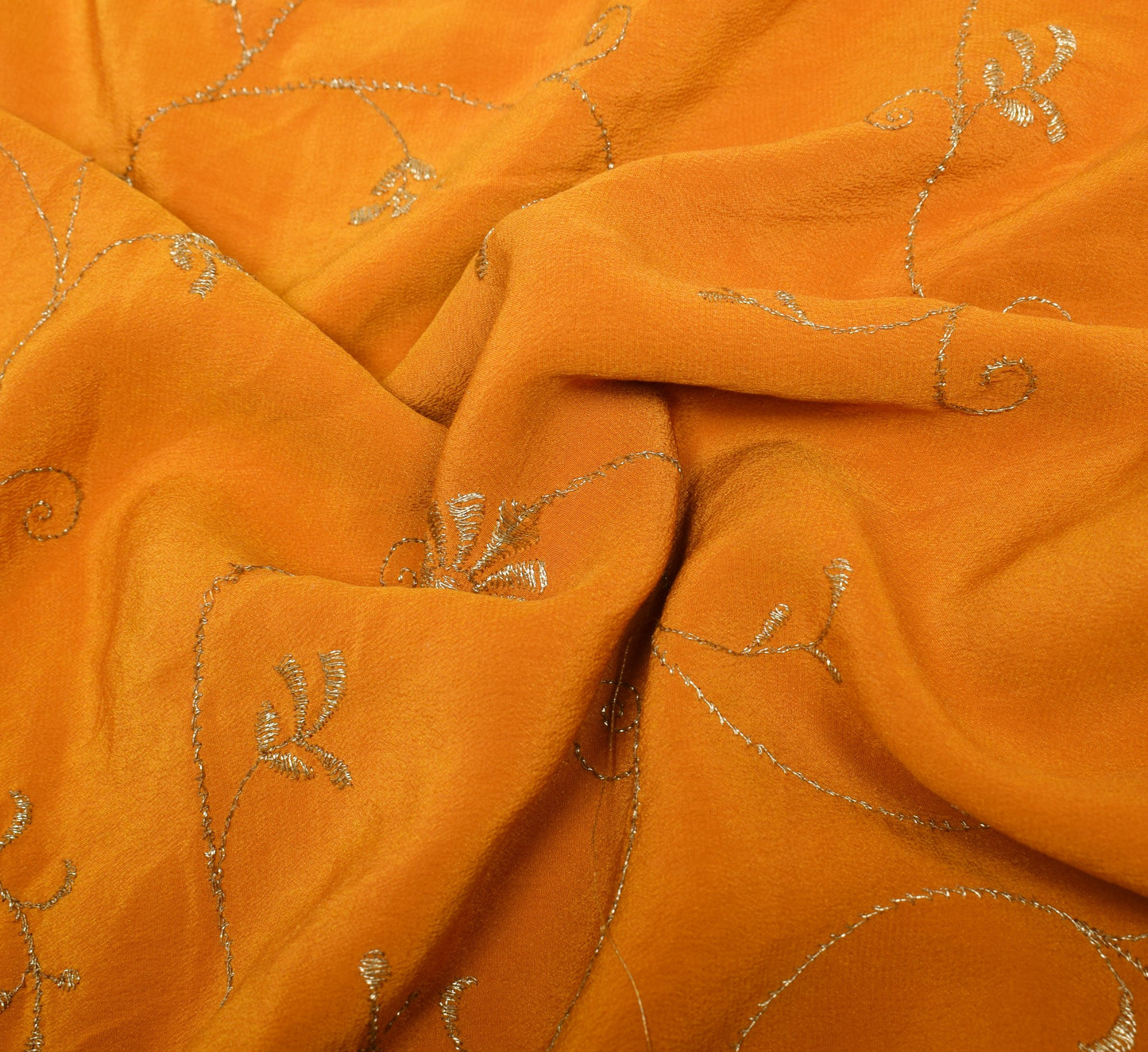 Sushila Vintage Mustard Embroidered Sari Remnant Scrap Pure Crepe Craft Fabric