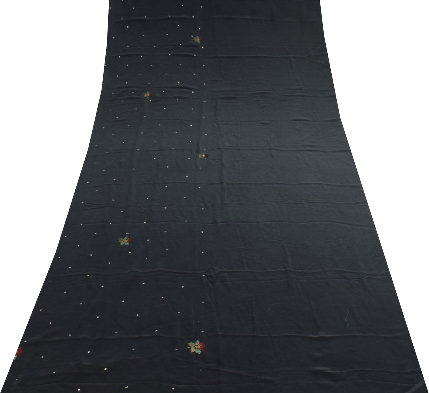 Sushila Vintage Black Sari Remnant Scrap Pure Crepe Embroidered Craft Fabric