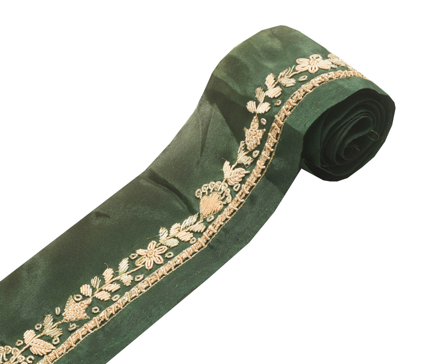 Sushila Vintage Green Silk Saree Border Craft Sewing Trim Hand Beaded Ribbon