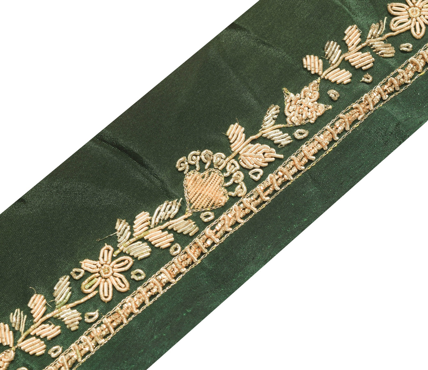 Sushila Vintage Green Silk Saree Border Craft Sewing Trim Hand Beaded Ribbon