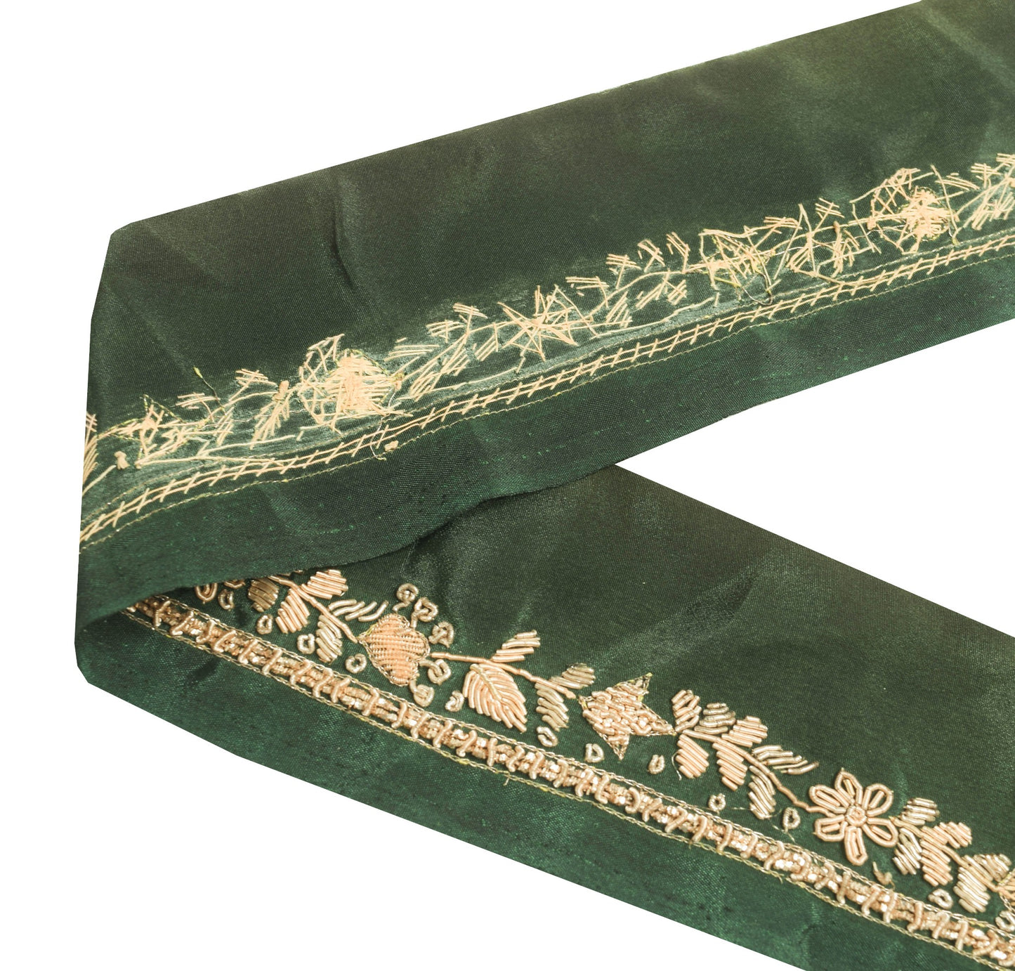 Sushila Vintage Green Silk Saree Border Craft Sewing Trim Hand Beaded Ribbon