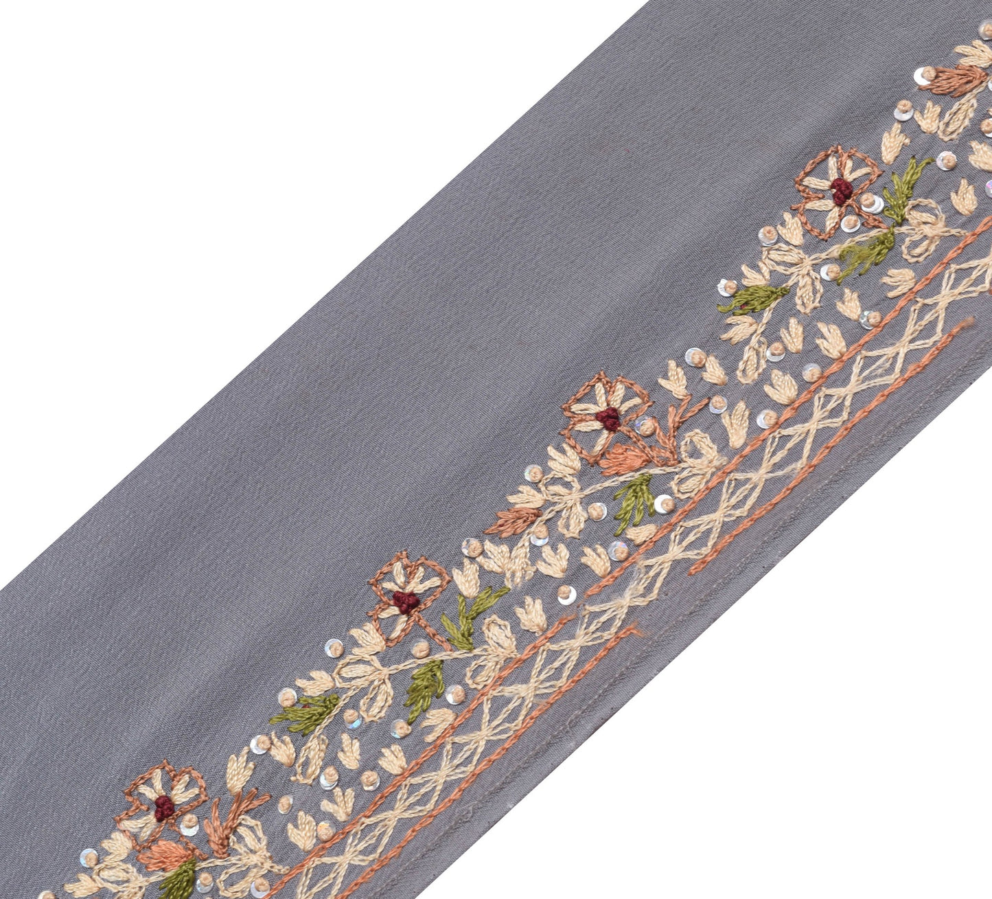 Sushila Vintage Gray Floral Saree Border Craft Sewing Trim Hand Embroidery Lace