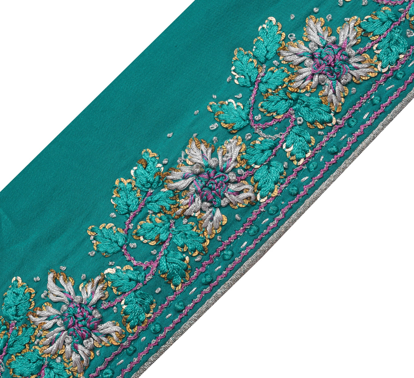 Sushila Vintage Teal Green Hand Embroidered Saree Border Craft Sewing Trim Lace