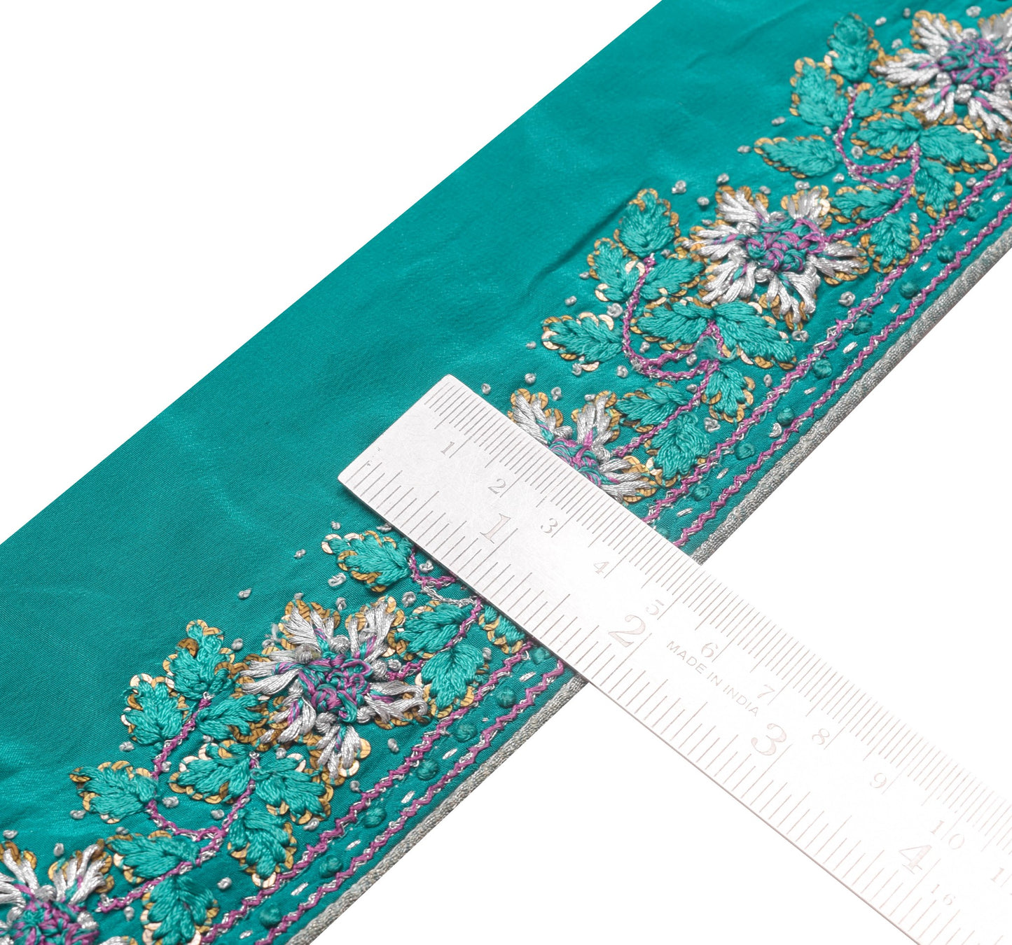 Sushila Vintage Teal Green Hand Embroidered Saree Border Craft Sewing Trim Lace