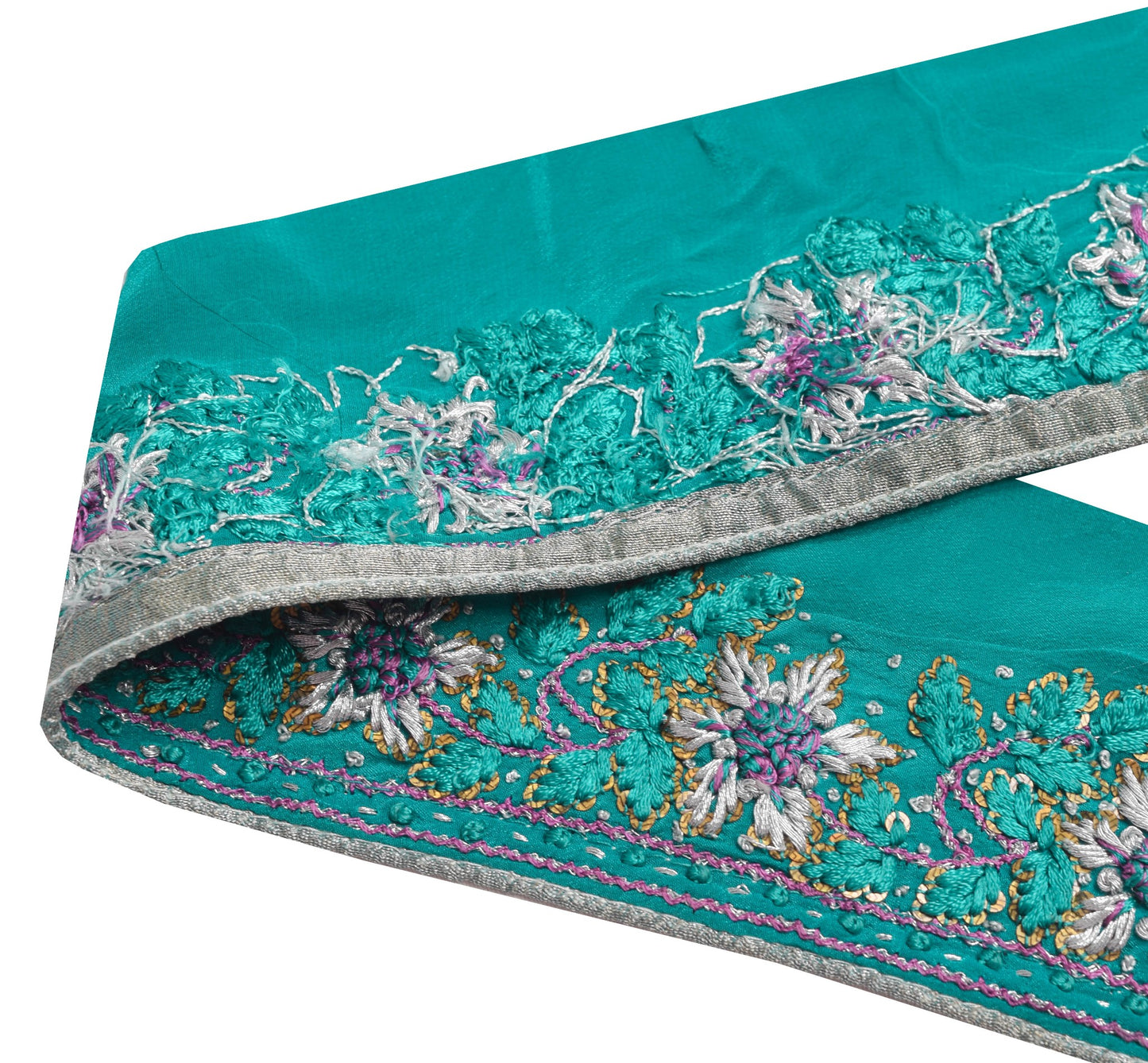 Sushila Vintage Teal Green Hand Embroidered Saree Border Craft Sewing Trim Lace