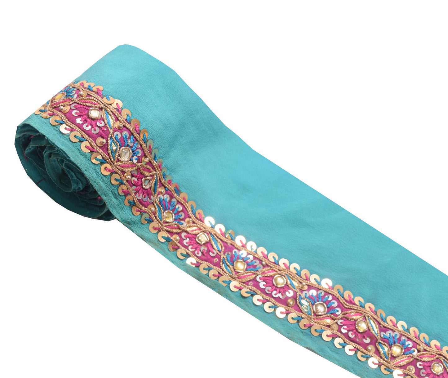 Sushila Vintage Aqua Blue Saree Border Hand Beaded Craft Sewing Trim Lace Ribbon