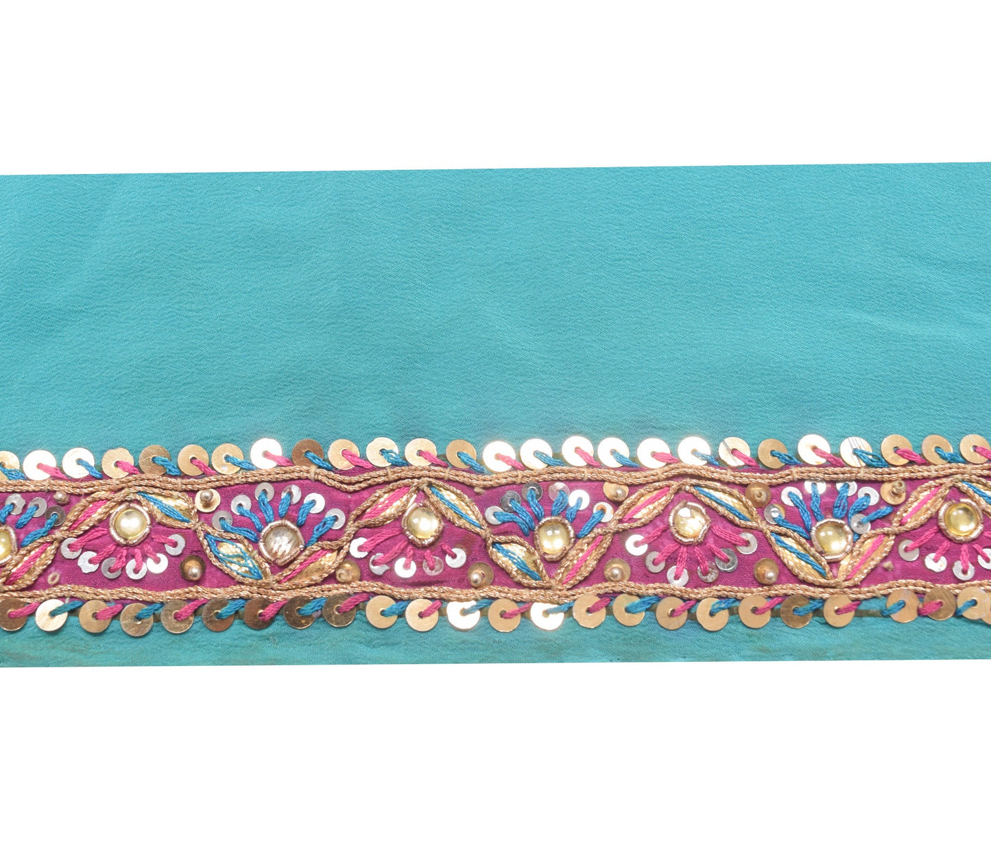 Sushila Vintage Aqua Blue Saree Border Hand Beaded Craft Sewing Trim Lace Ribbon