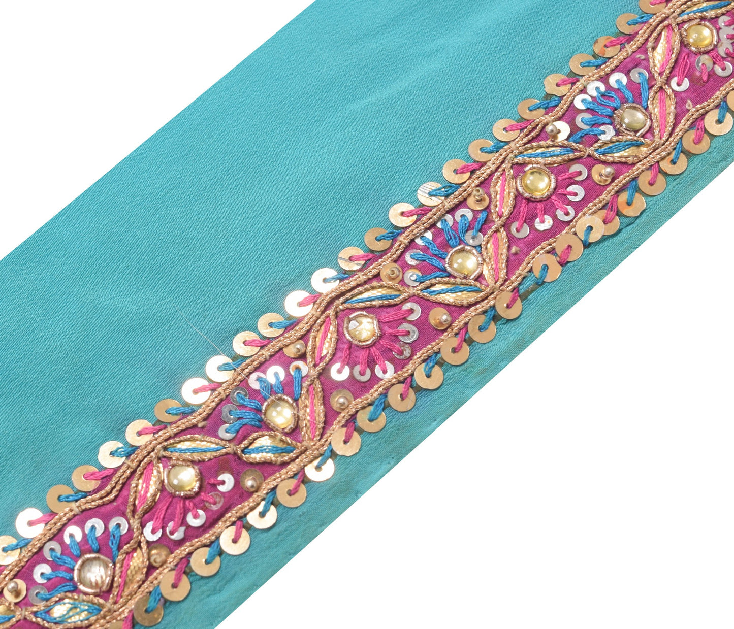 Sushila Vintage Aqua Blue Saree Border Hand Beaded Craft Sewing Trim Lace Ribbon