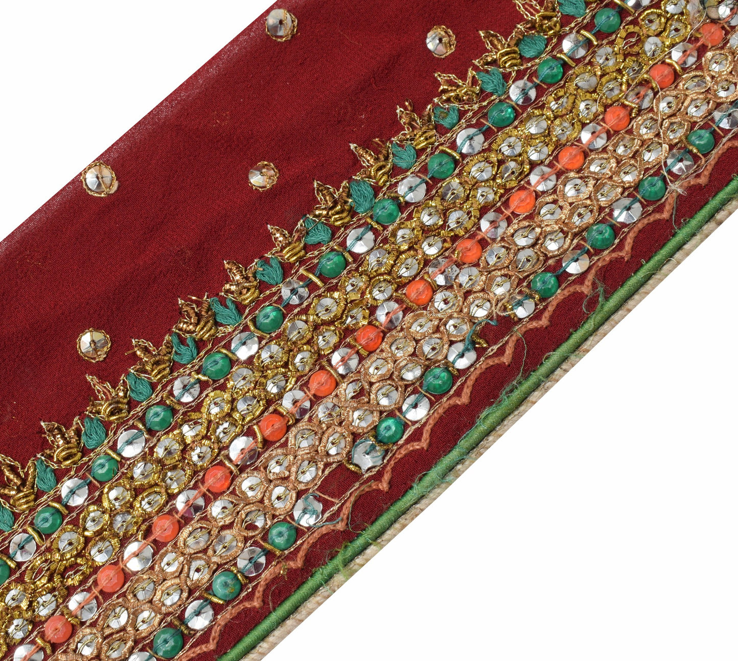 Sushila Vintage Maroon Sequins Embellish Saree Border Craft Sewing Trim Lace