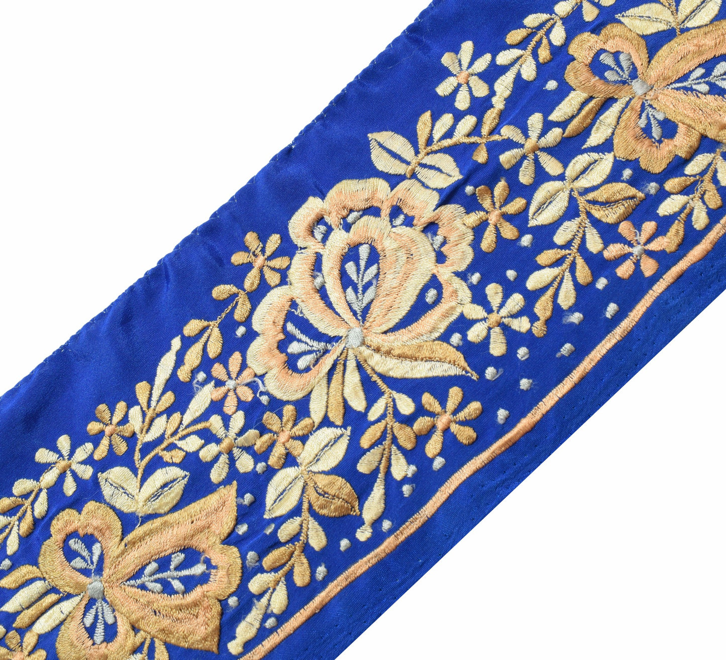 Sushila Vintage Blue Silk Saree Border Craft Sewing Trim Embroidered Ribbon Lace