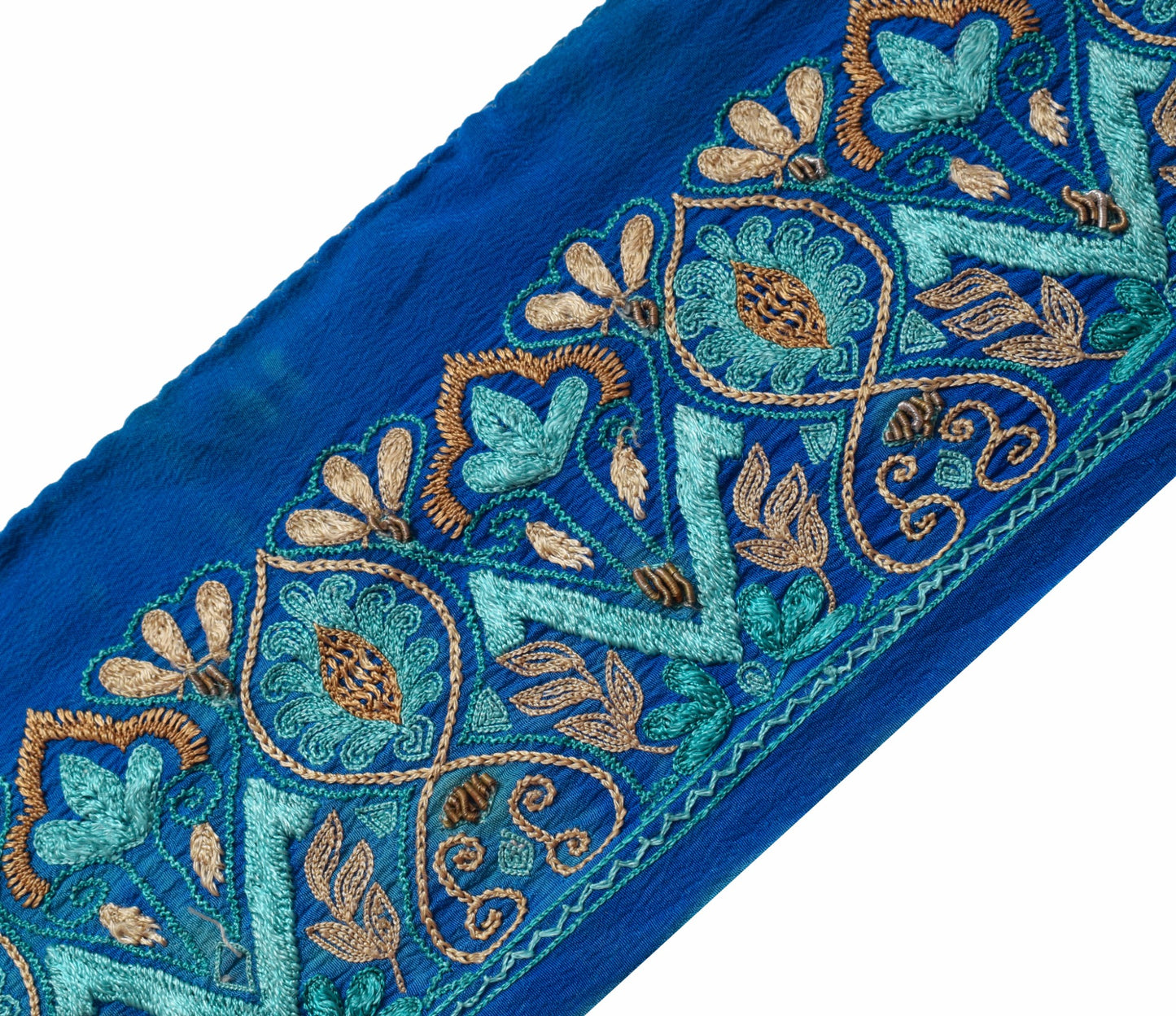 Sushila Vintage Blue Silk Saree Border Embroidered Craft Sewing Trim WORK Ribbon