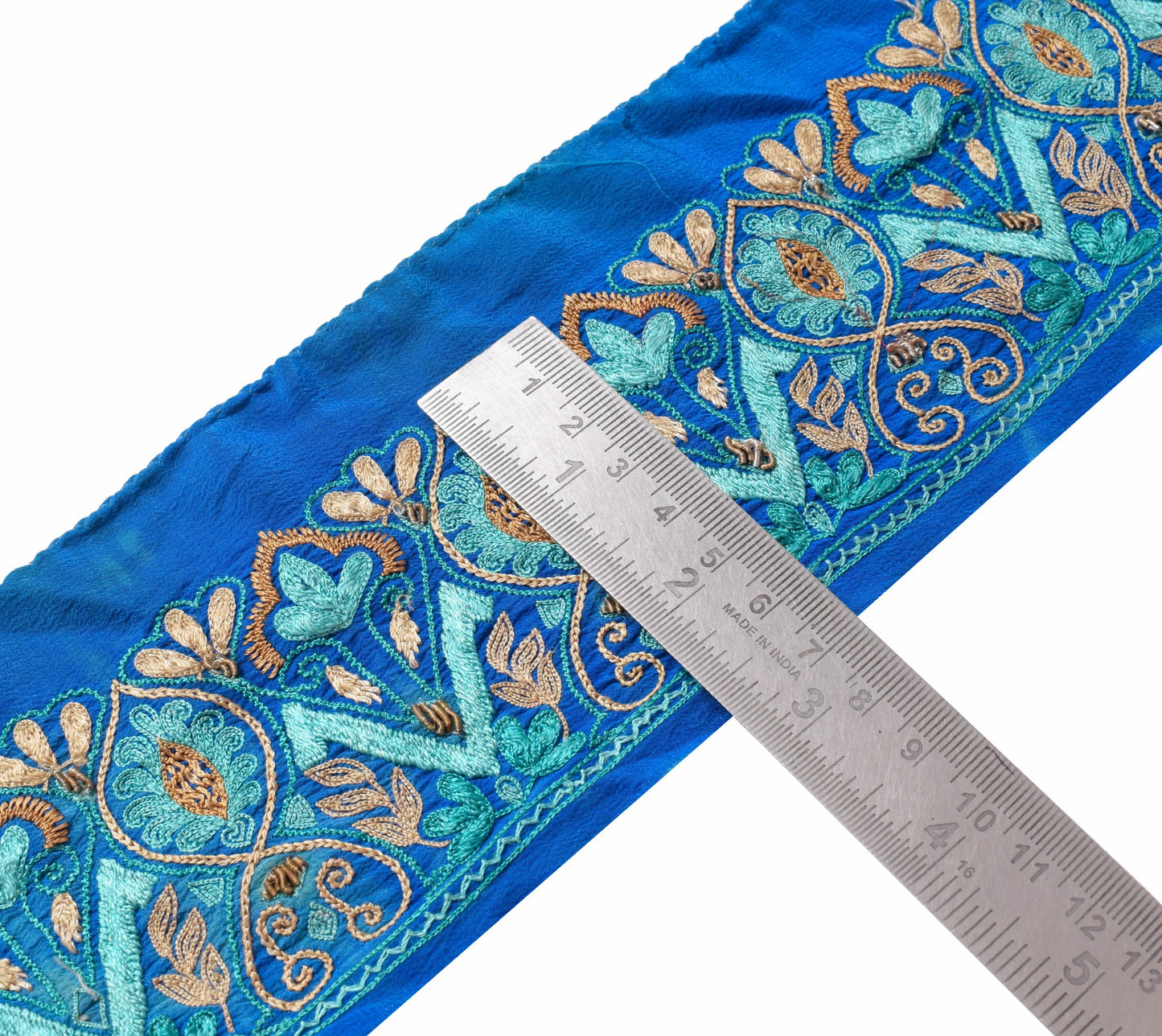 Sushila Vintage Blue Silk Saree Border Embroidered Craft Sewing Trim WORK Ribbon