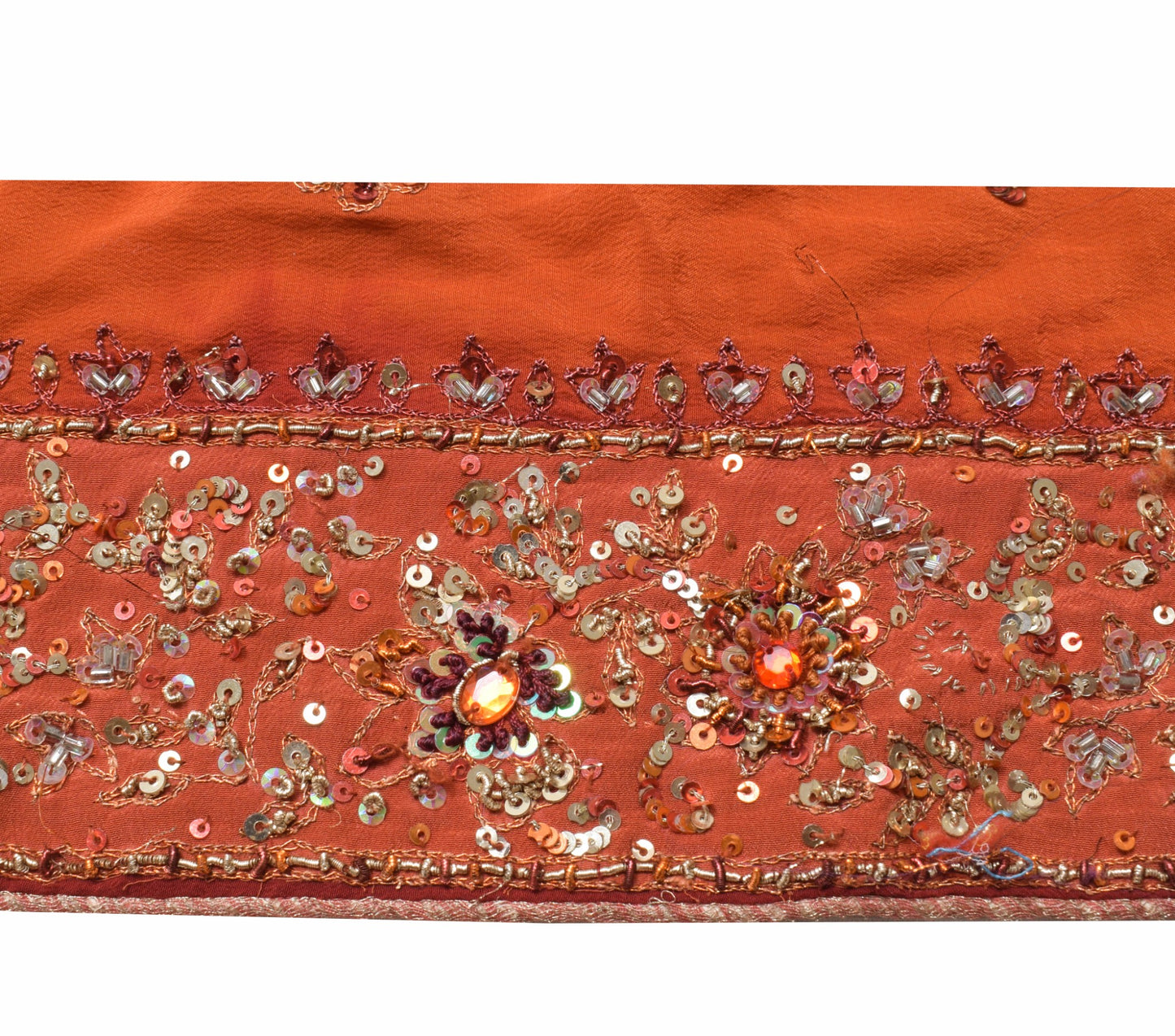 Sushila Vintage Rust Crepe Silk Saree Border Hand Beaded Craft Sewing Trim Lace