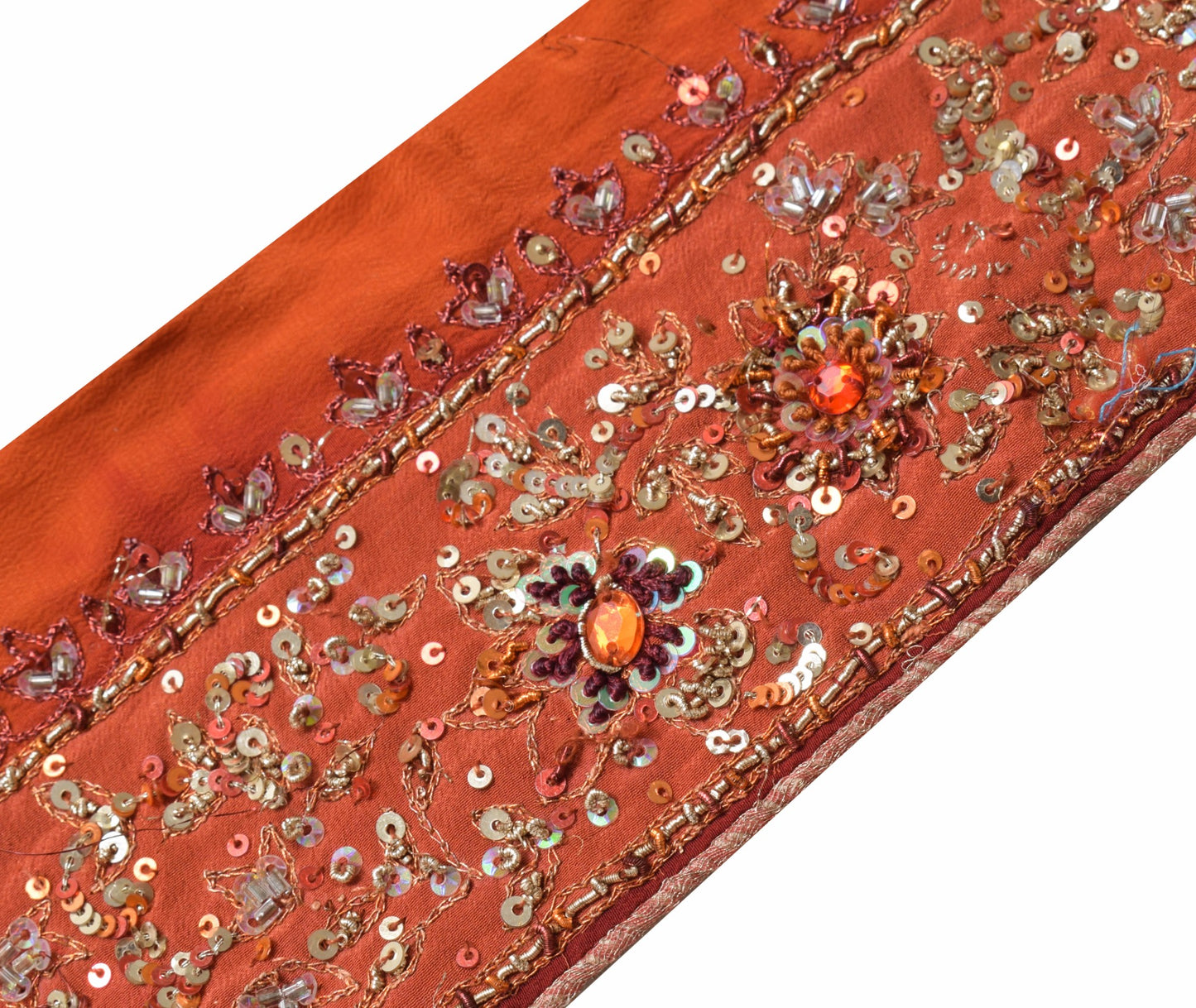 Sushila Vintage Rust Crepe Silk Saree Border Hand Beaded Craft Sewing Trim Lace