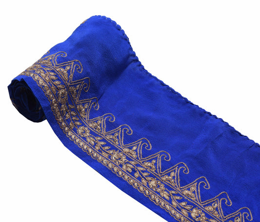 Sushila Vintage Blue Crepe Silk Saree Border Embroidered Craft Sewing Trim Lace