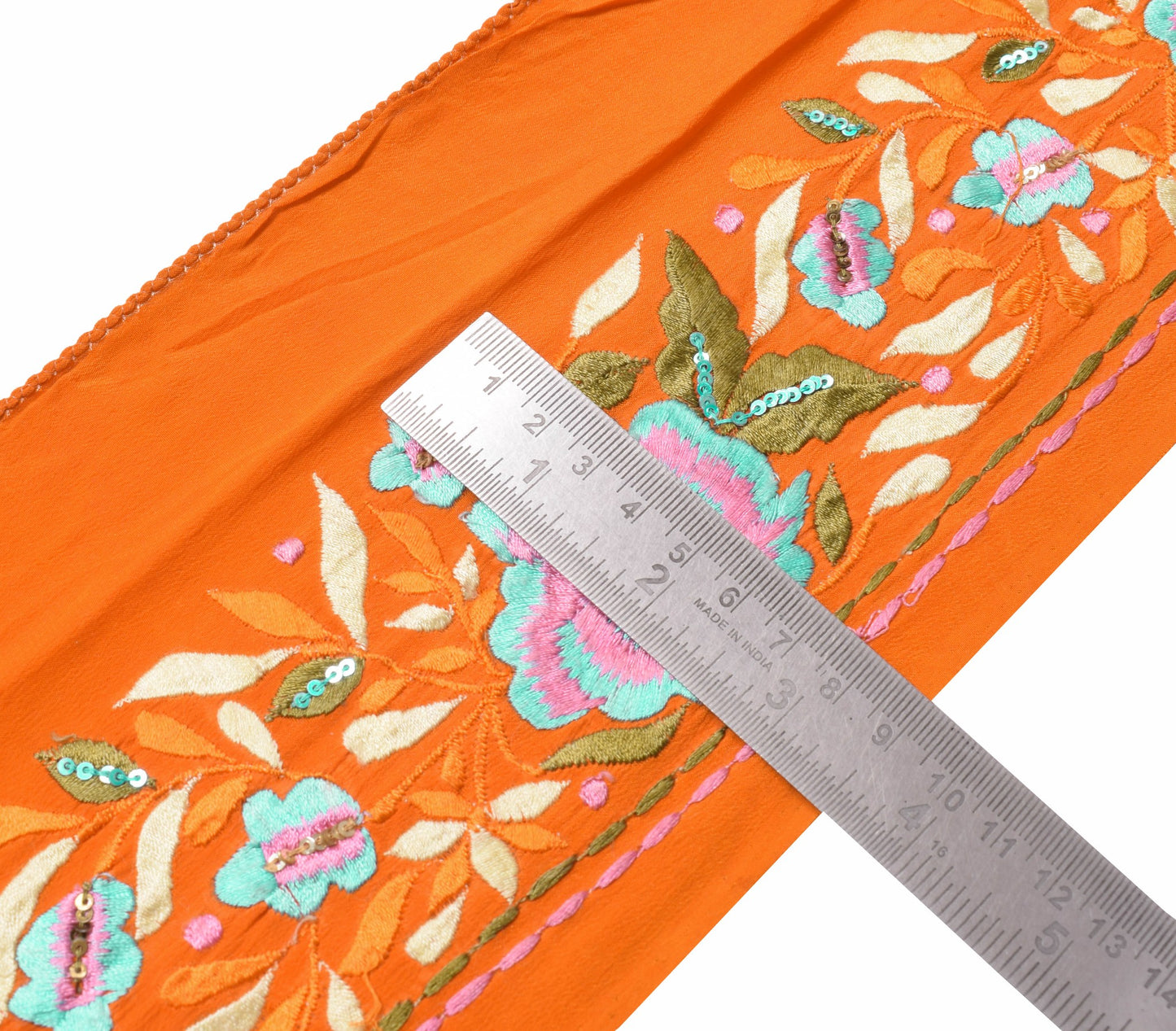 Sushila Vintage Orange Crepe Saree Border Embroidered Craft Sewing Trim Lace