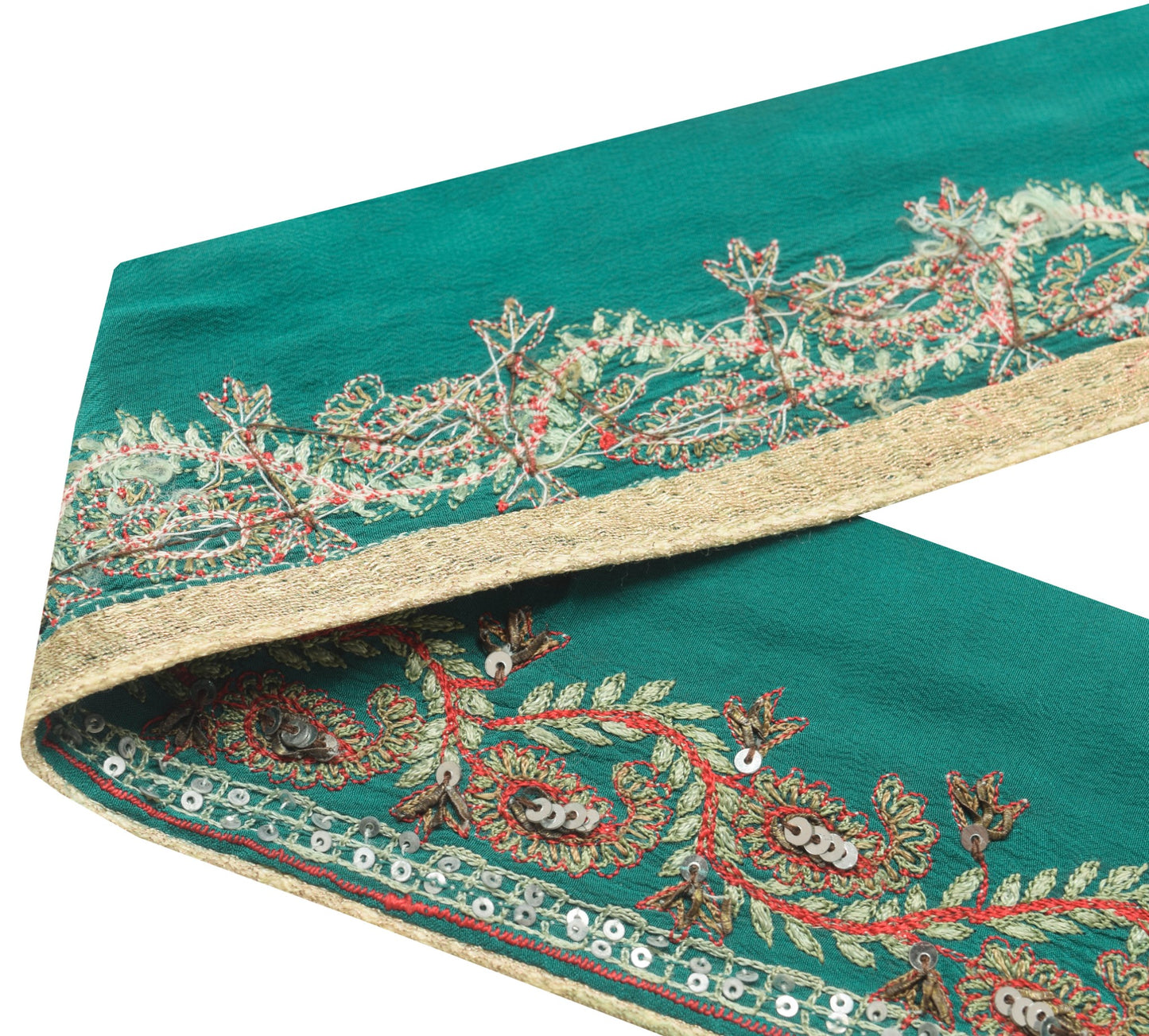 Sushila Vintage Crepe Green Saree Indian Craft Sewing Trim Embroidered Lace