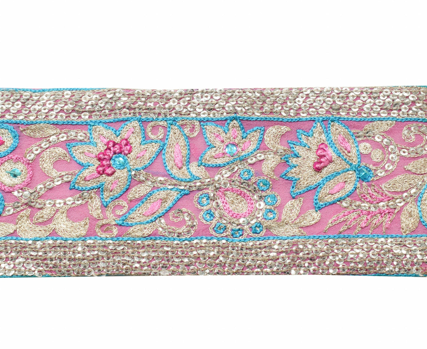 Sushila Vtg. Georgette Saree Border Indian Craft Sewing Trim Pink Floral Lace