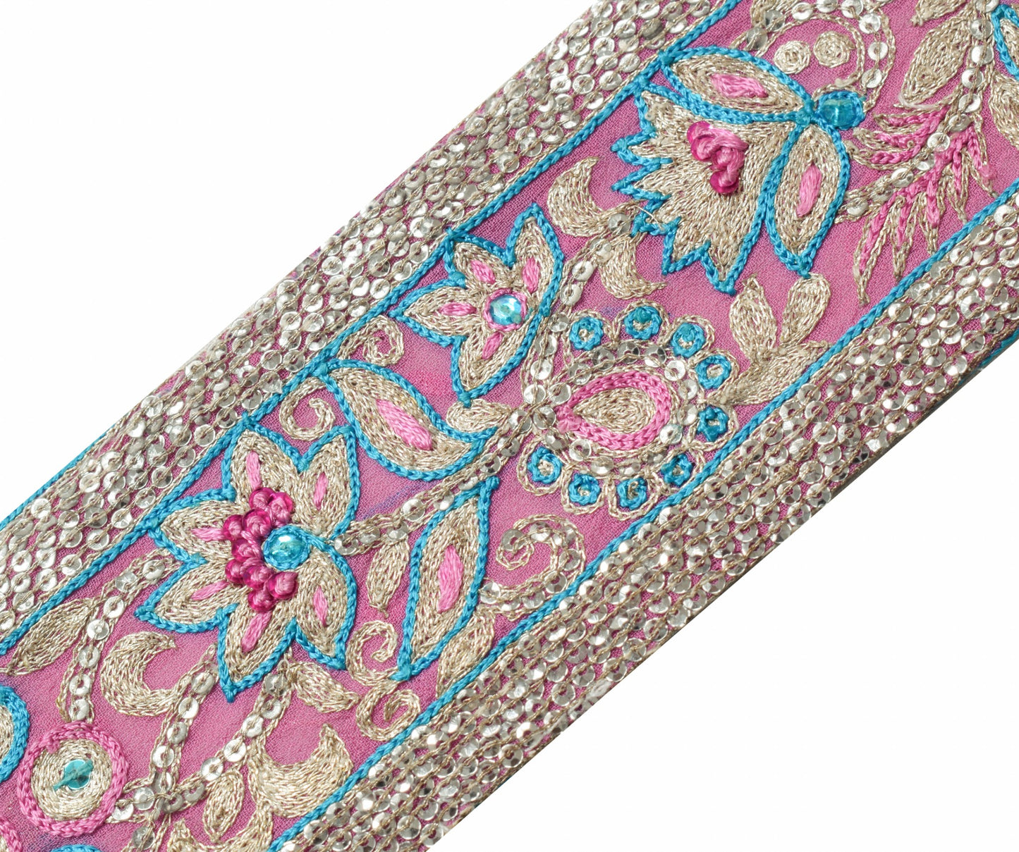 Sushila Vtg. Georgette Saree Border Indian Craft Sewing Trim Pink Floral Lace