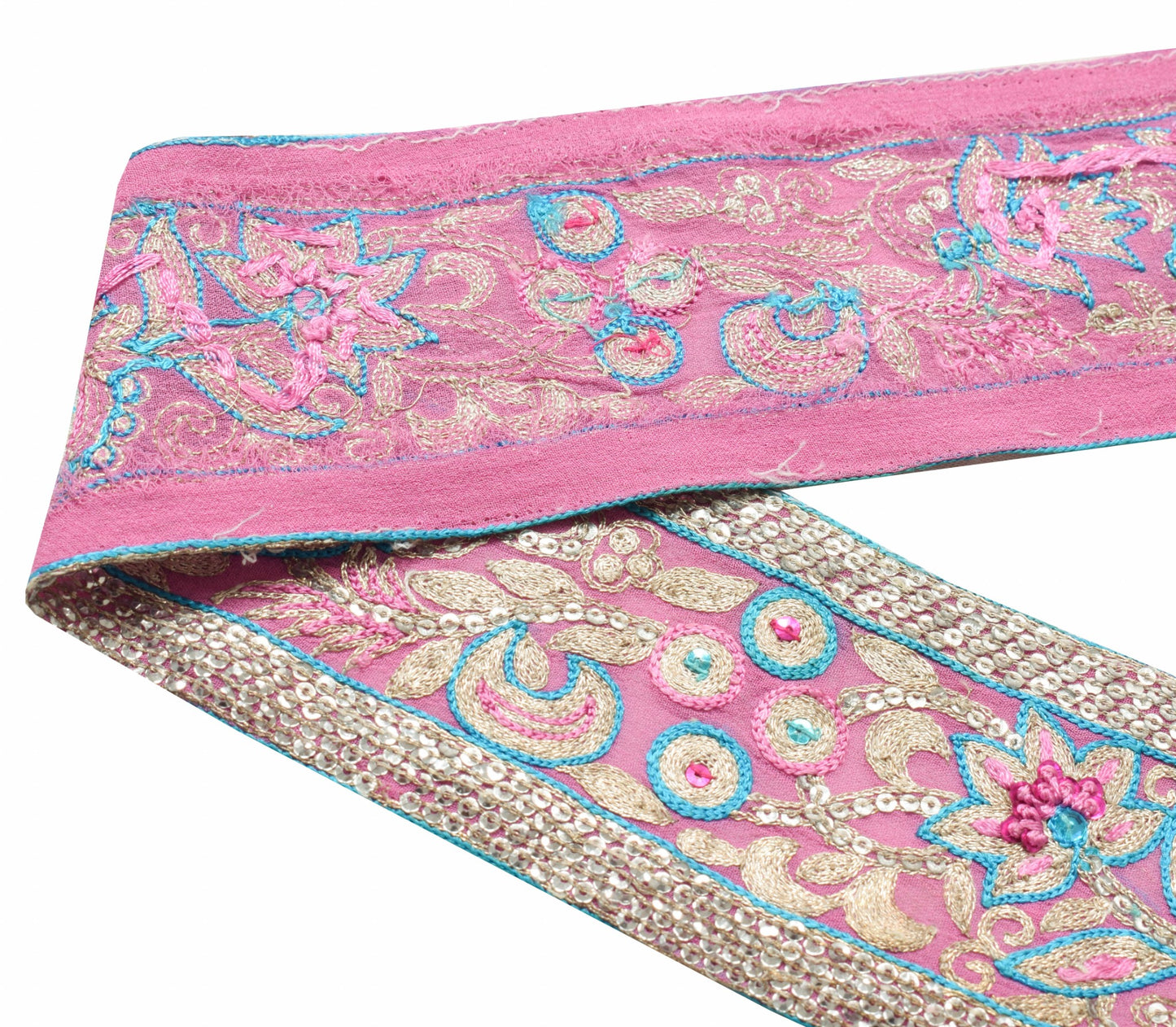 Sushila Vtg. Georgette Saree Border Indian Craft Sewing Trim Pink Floral Lace