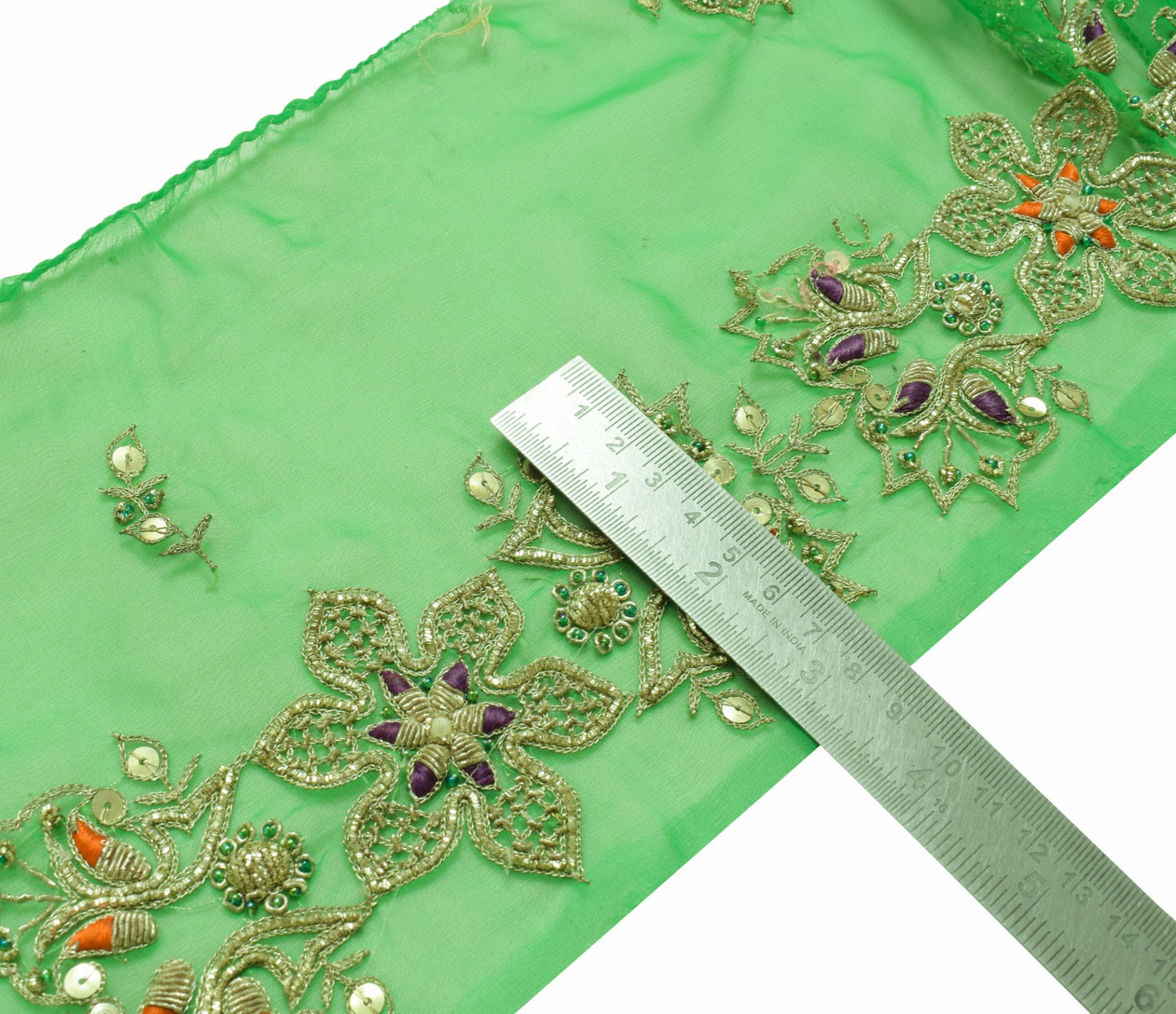 Sushila Vintage Green Saree Border Indian Craft Sewing Trim Hand Beaded Lace