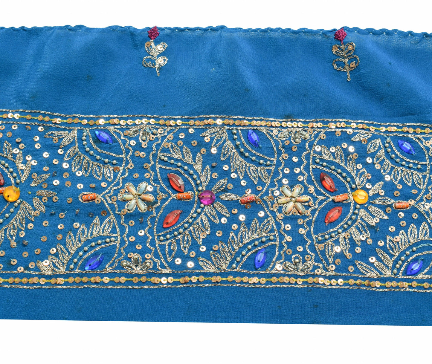 Sushila Vintage Blue Silk Saree Border Craft Sewing Trim Hand Beaded Lace