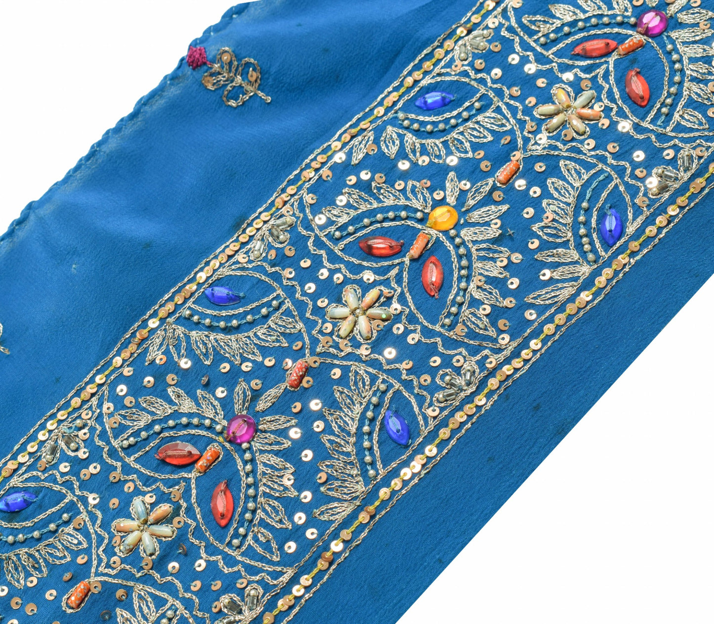 Sushila Vintage Blue Silk Saree Border Craft Sewing Trim Hand Beaded Lace