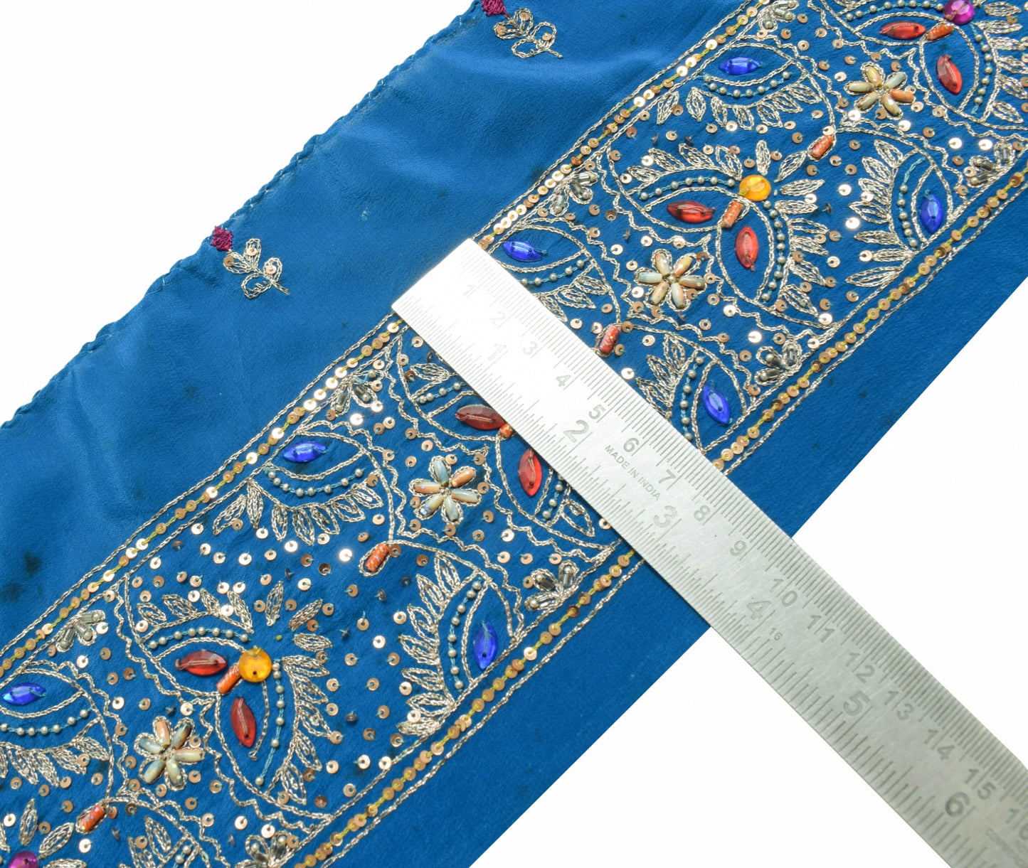 Sushila Vintage Blue Silk Saree Border Craft Sewing Trim Hand Beaded Lace