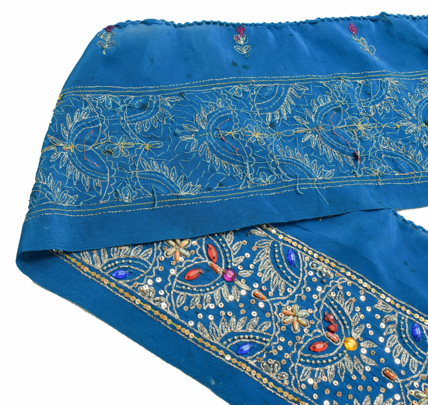 Sushila Vintage Blue Silk Saree Border Craft Sewing Trim Hand Beaded Lace