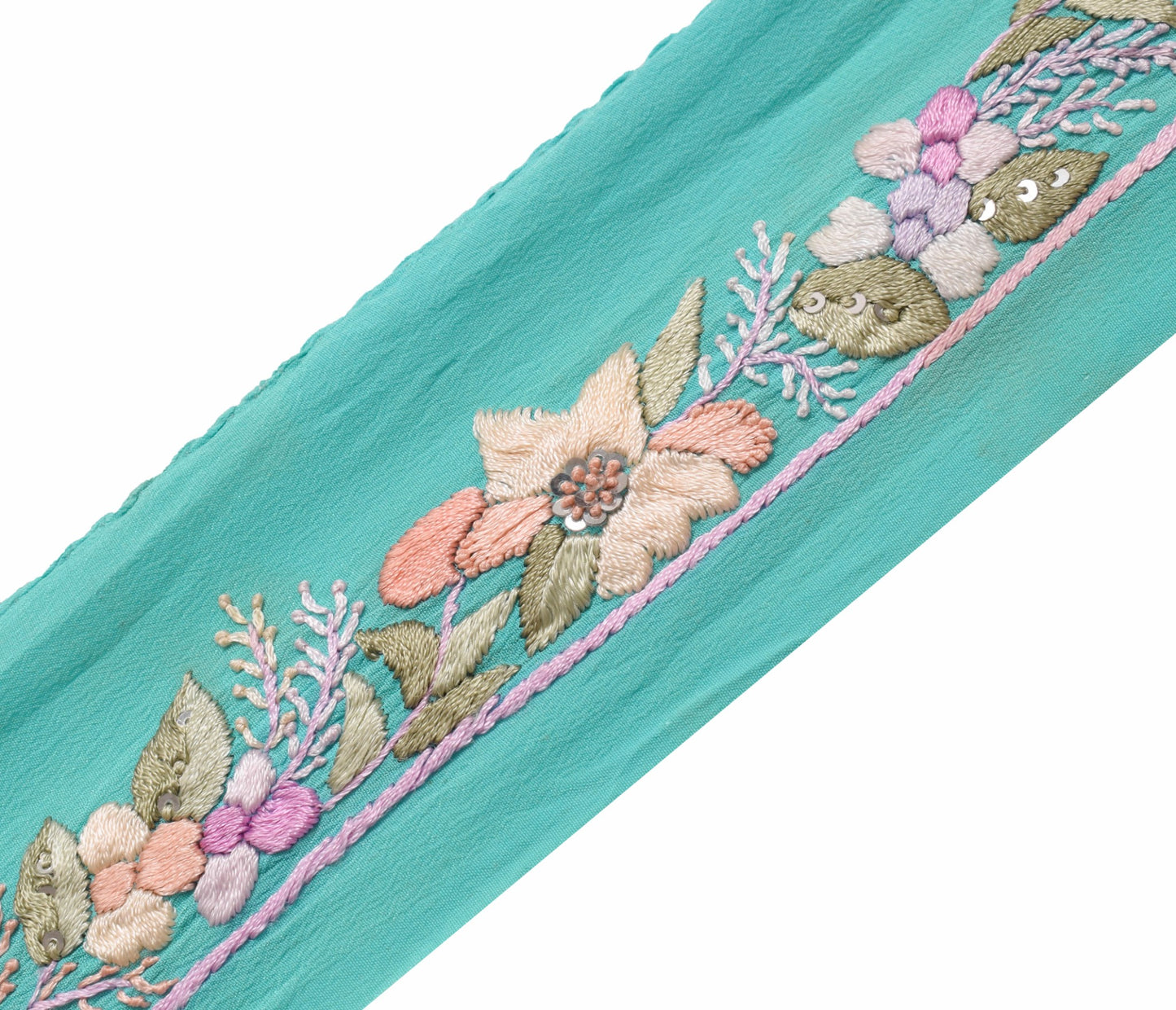 Sushila Vintage Aqua Blue Saree Border Craft Sewing Trim Embroidered Lace