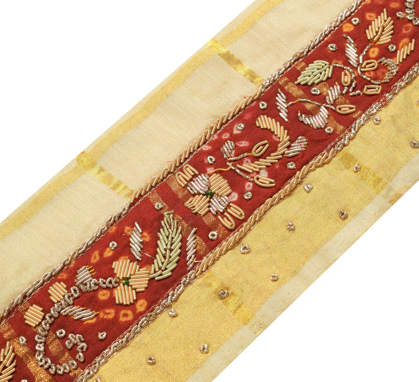 Sushila Vintage Hand Beaded Silk Saree Border Craft Sewing Trim Floral Ribbon