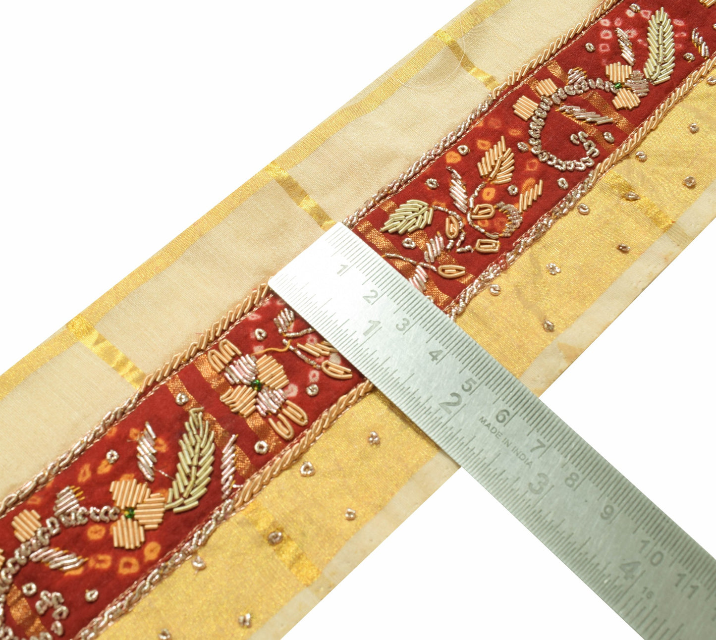 Sushila Vintage Hand Beaded Silk Saree Border Craft Sewing Trim Floral Ribbon