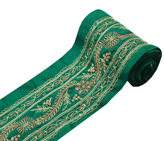 Sushila Vintage Green SilkSaree Border Hand Embroidered Craft Sewing Trim Ribbon