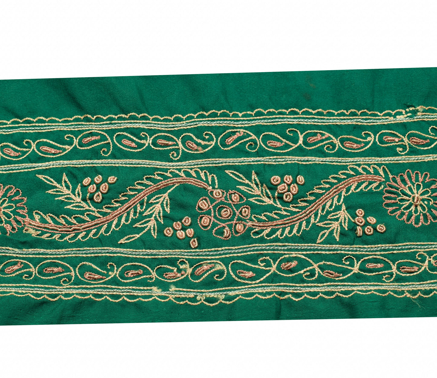 Sushila Vintage Green SilkSaree Border Hand Embroidered Craft Sewing Trim Ribbon