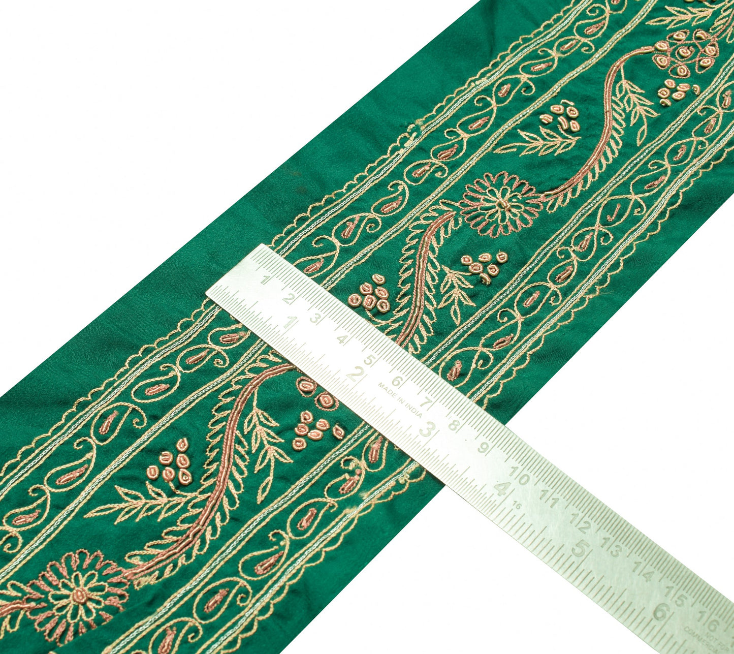 Sushila Vintage Green SilkSaree Border Hand Embroidered Craft Sewing Trim Ribbon