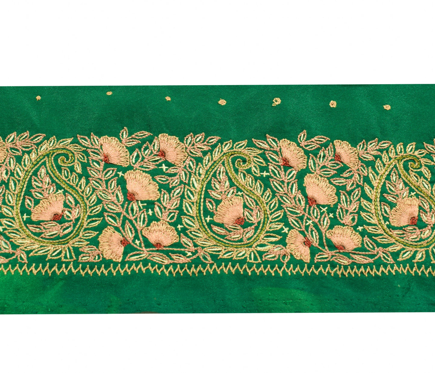 Sushila Vintage Green Saree Border Hand Embroidered Silk Craft Sewing Trim Lace