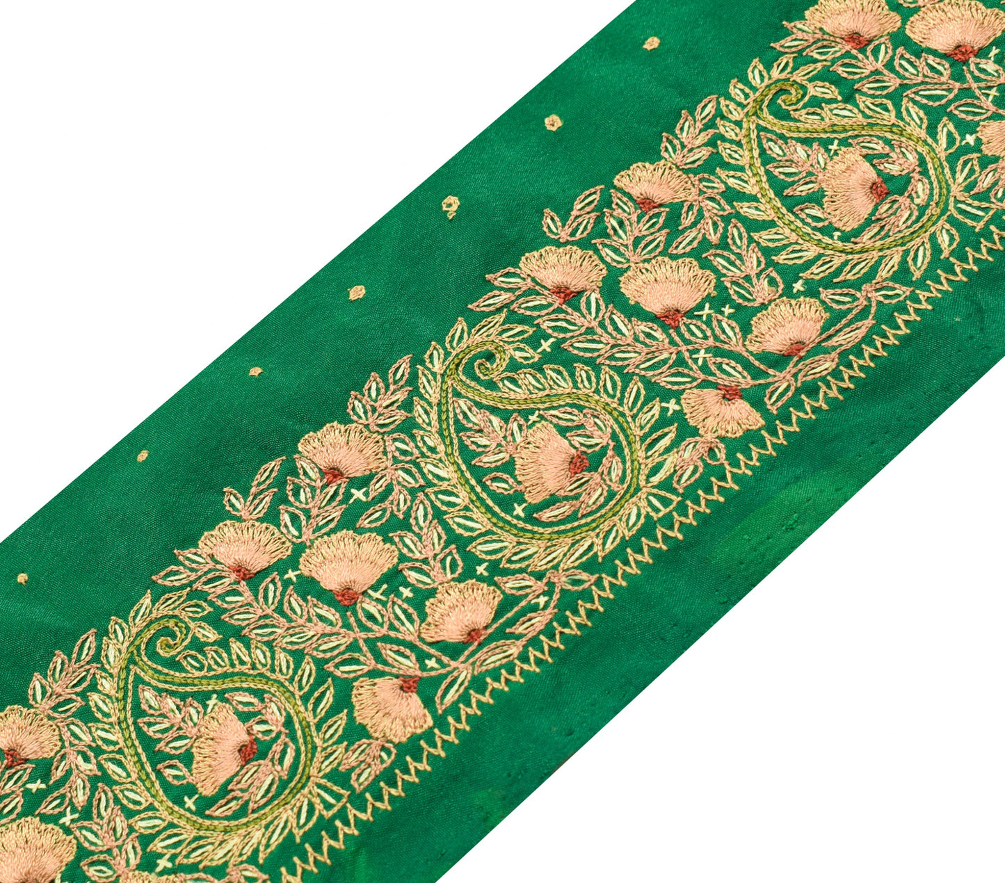 Sushila Vintage Green Saree Border Hand Embroidered Silk Craft Sewing Trim Lace