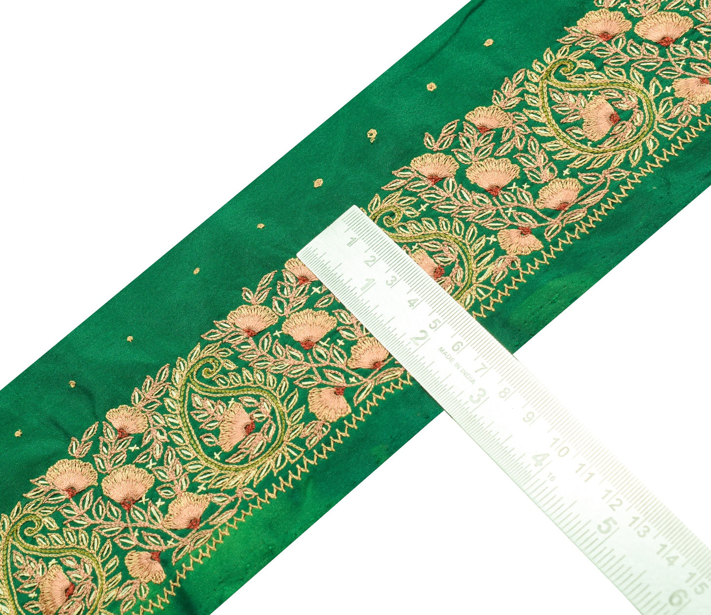 Sushila Vintage Green Saree Border Hand Embroidered Silk Craft Sewing Trim Lace