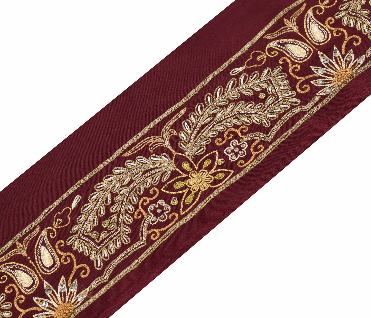 Sushila Vintage Hand Embroidered Saree Border Craft Sewing Trim Maroon Ribbon