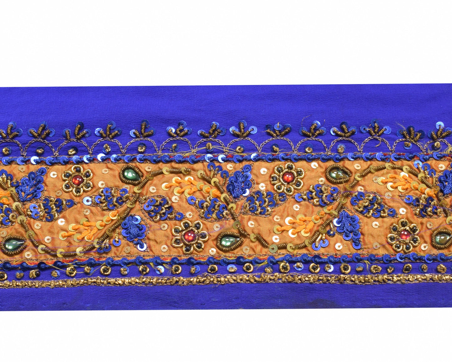 Sushila Vintage Blue Orange Saree Border Hand Beaded Craft Sewing Trim Ribbon